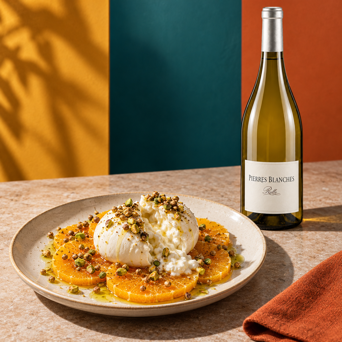 Burrata, orange and warm pistachio crunch