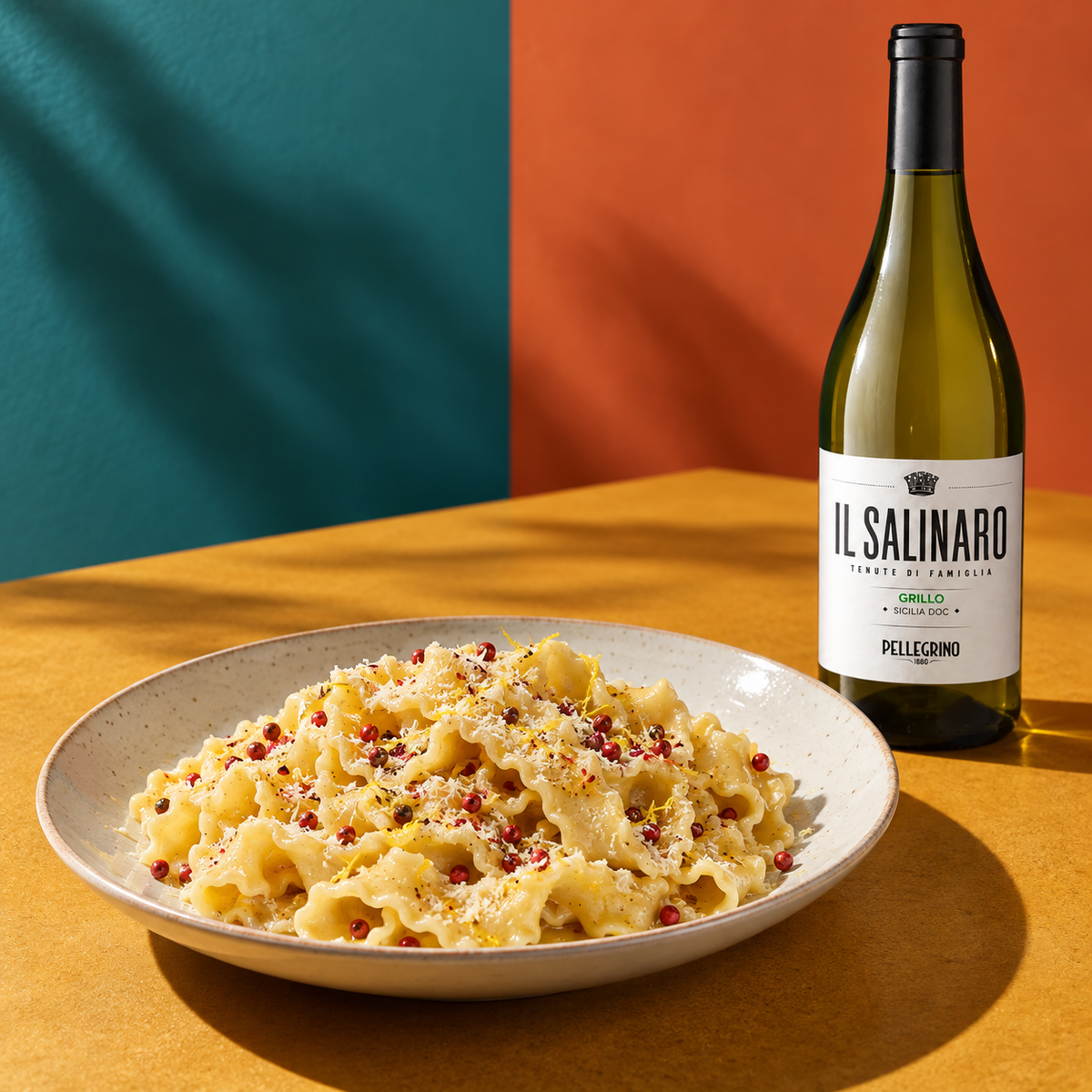 Mafaldine with pink peppercorns and lemon butter
