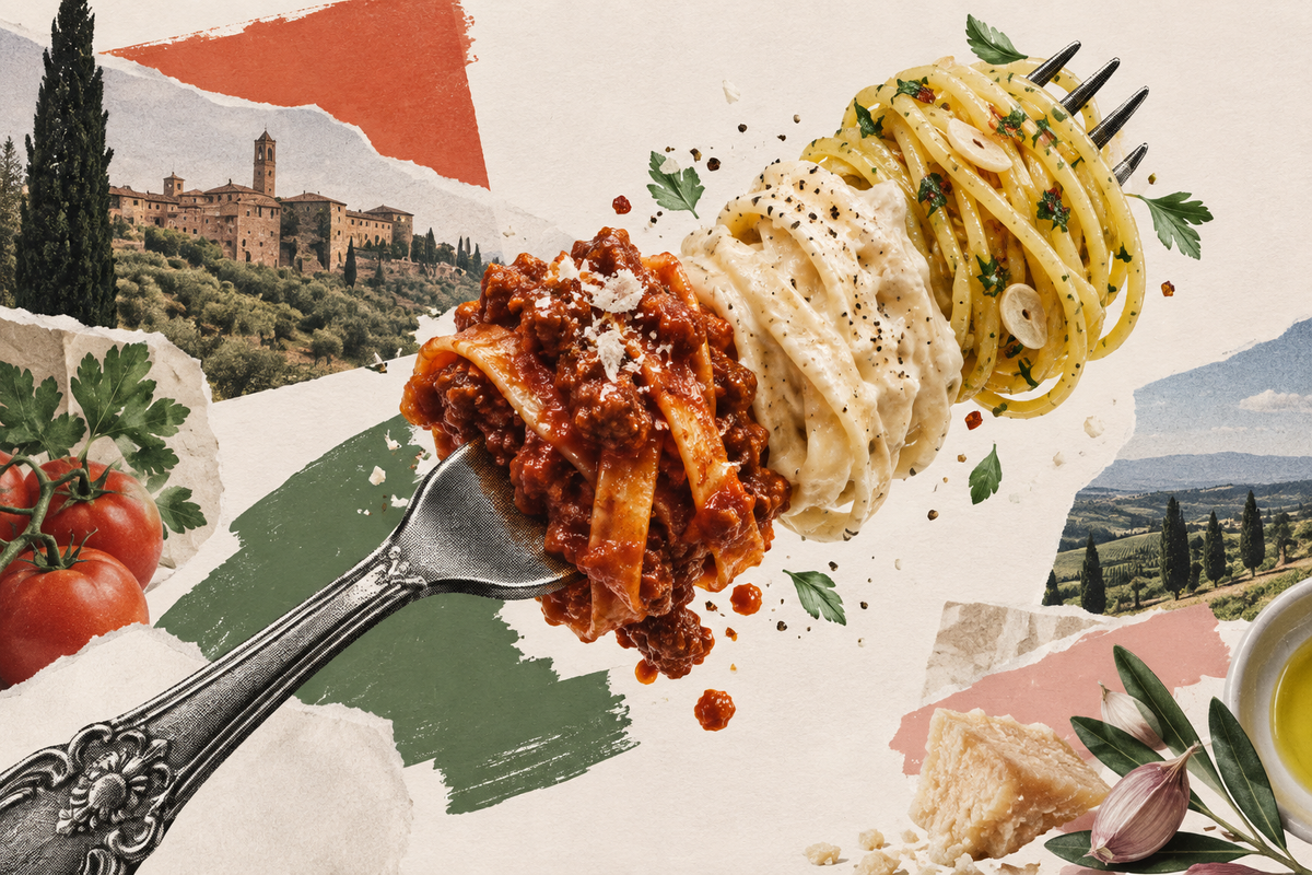 An oversized fork connects pasta with red ragù, creamy sauce and golden herb oil in a paper collage.