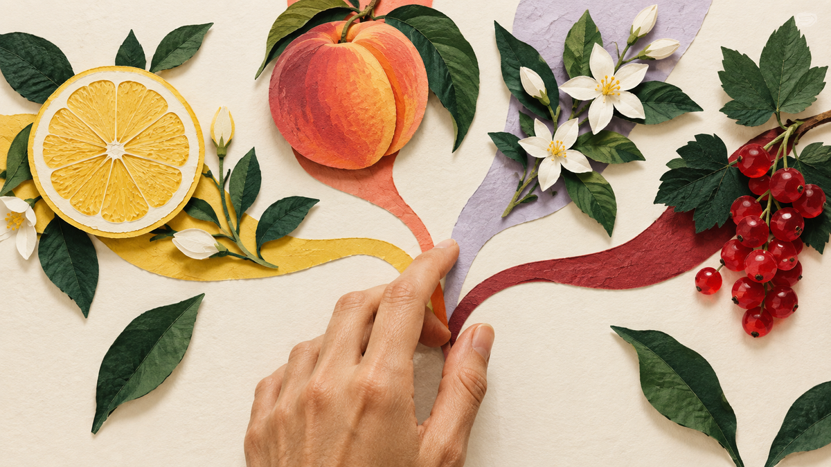 A hand follows paper trails towards lemon, peach, flowers and red berries.