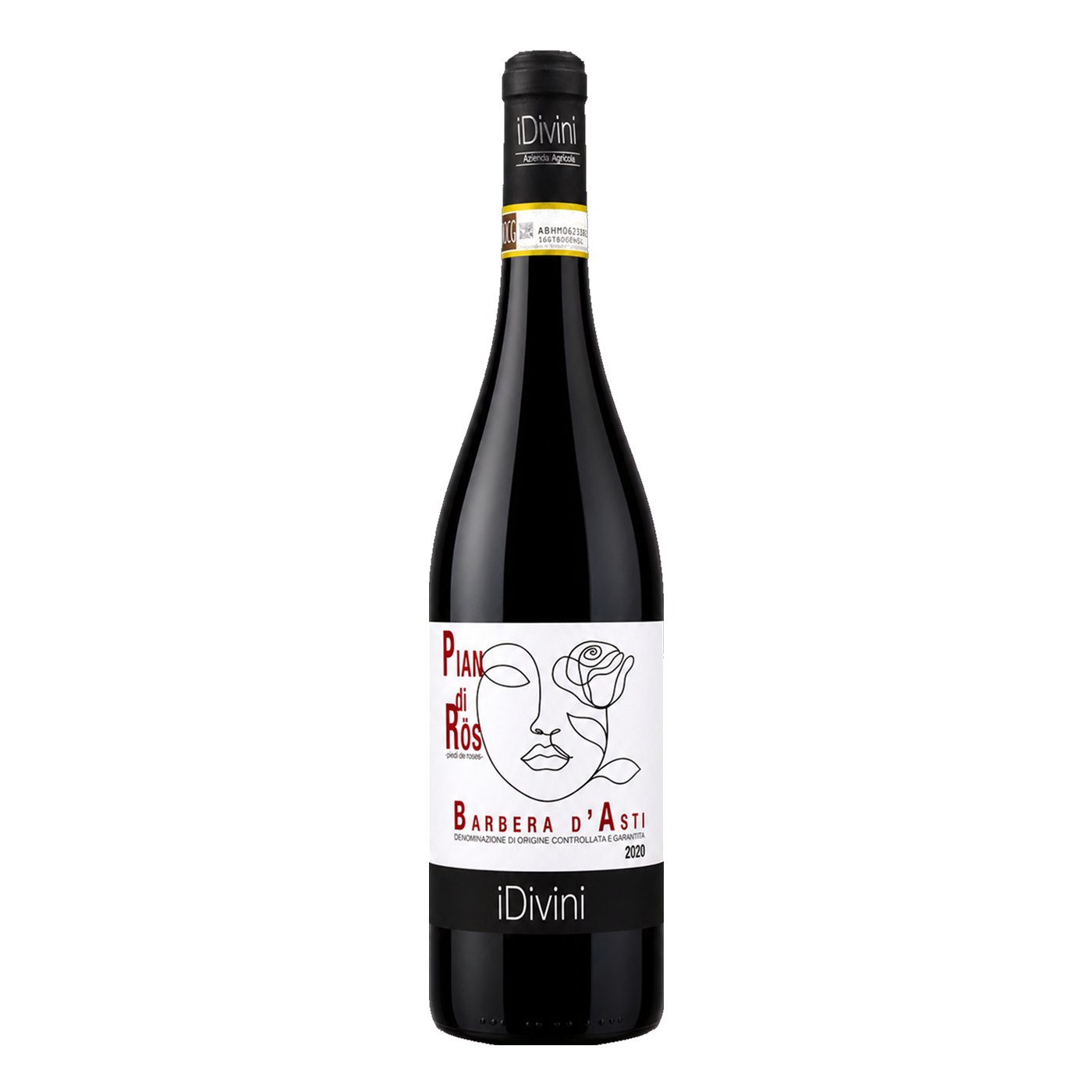 Flasche Idivini Barbera Stainless Steel 2019 Rotwein aus Asti Piemonte vor hellem Hintergrund, Etikett zeigt Pian di Rös | Bottle of Idivini Barbera Stainless Steel 2019 red wine from Asti Piedmont on light background, label shows Pian di Rös