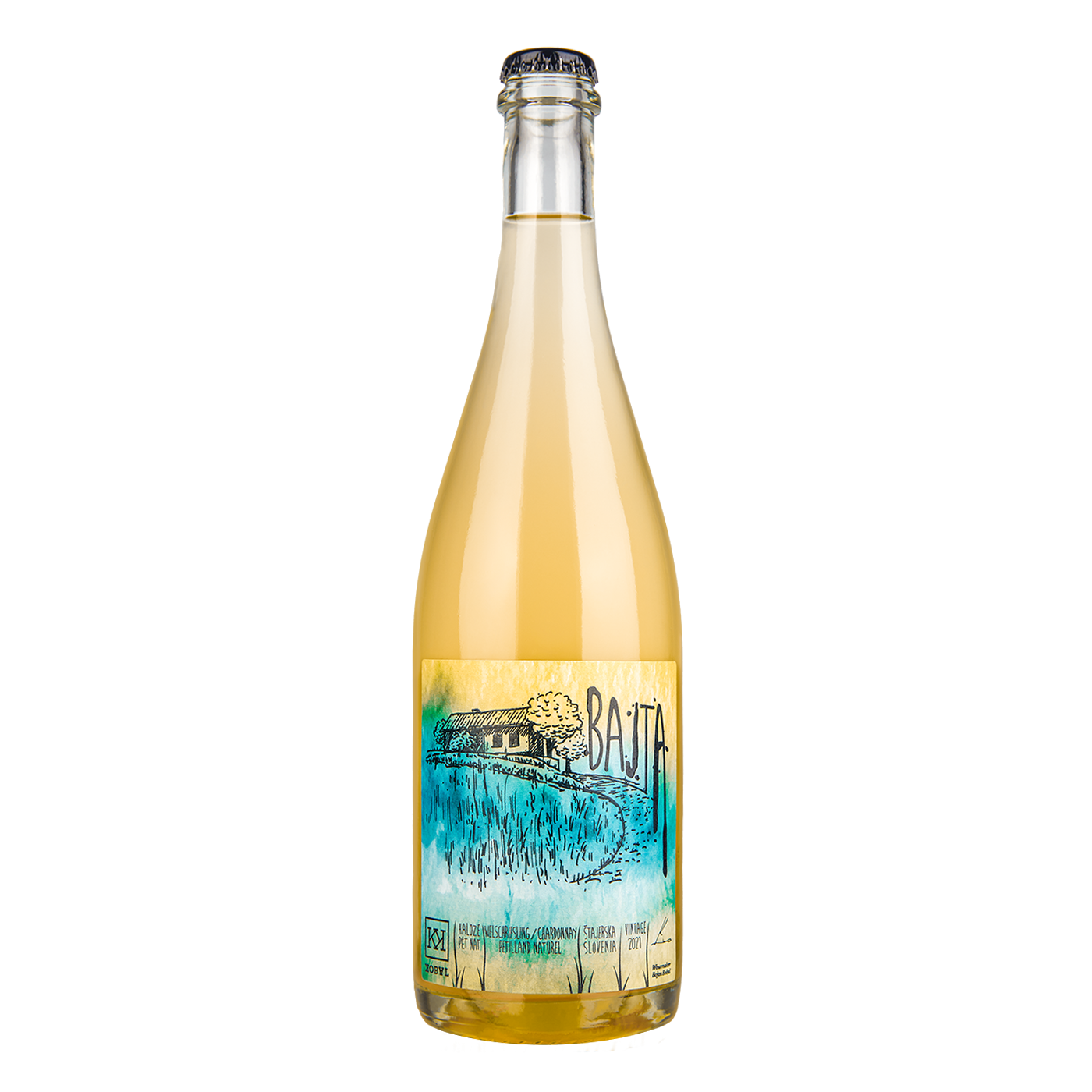 Kobal Bajta Pet Nat Welschriesling Chardonnay Cuvée 2025 aus Haloze Slowenien, unfiltriert mit feiner Lees-Trübung | Kobal Bajta Pet Nat Welschriesling Chardonnay blend 2025 from Haloze Slovenia, unfiltered with light lees haze