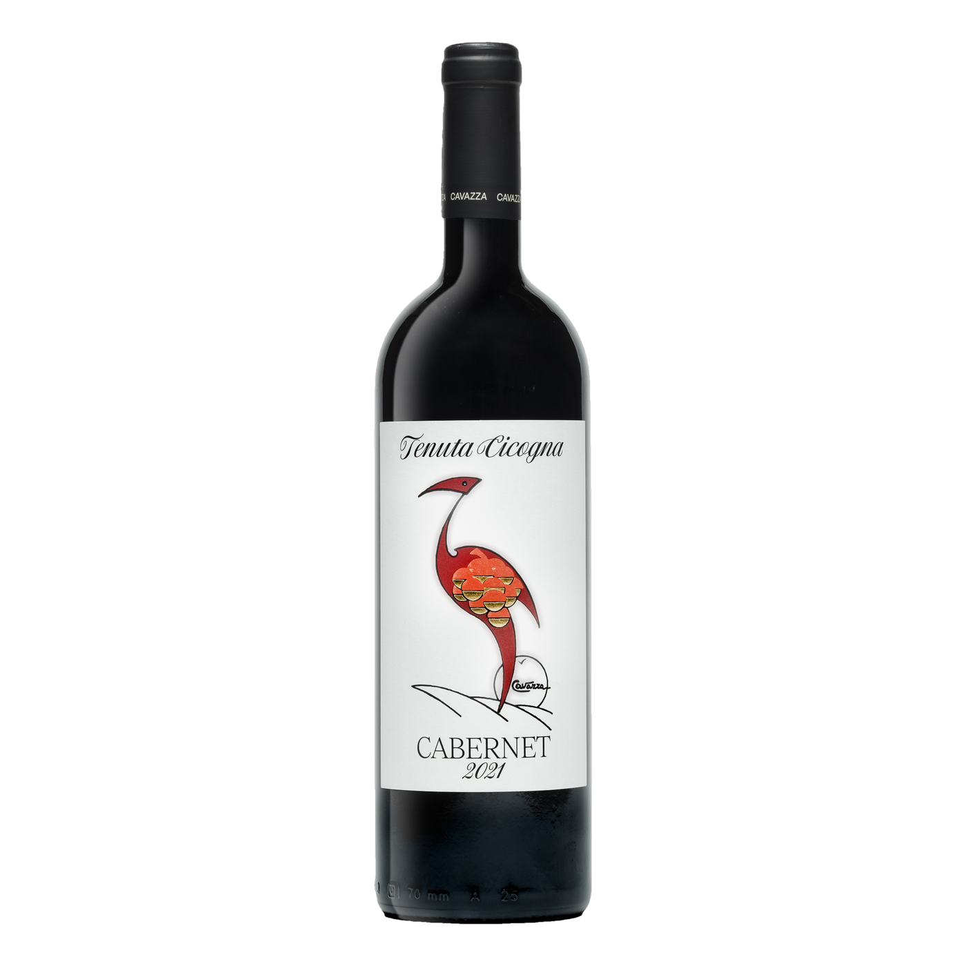 Flasche Cavazza Cabernet Cicogna 2021 Rotwein aus Venetien, 12 Monate Barrique-Ausbau auf Kalksteinboden | Bottle of Cavazza Cabernet Cicogna 2021 red wine from Veneto, 12 months barrel-aged on limestone soil