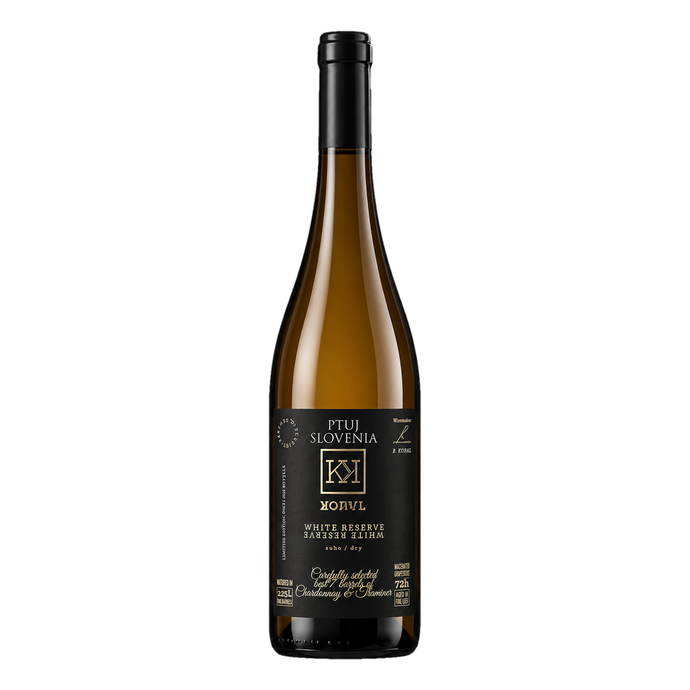 Kobal White Reserve 2021 – Chardonnay-Cuvée aus Haloze, 24 Monate Fassausbau auf Feinhefe, Pfirsich und Honig | Kobal White Reserve 2021 – Chardonnay blend from Haloze, 24 months barrel-aged on fine lees, peach and honey