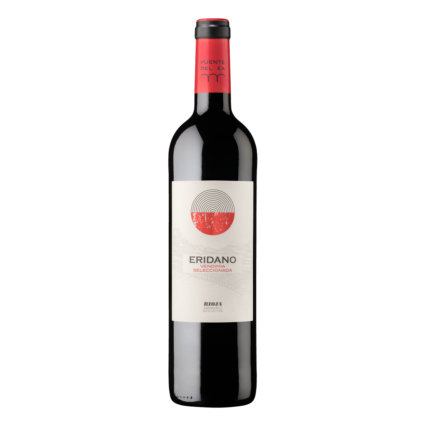 Puente del EA Eridano Tempranillo Crianza 2025 Flasche vor weißem Hintergrund, Rotwein aus Rioja Alta Sajazarra | Puente del EA Eridano Tempranillo Crianza 2025 bottle on white background, red wine from Rioja Alta Sajazarra