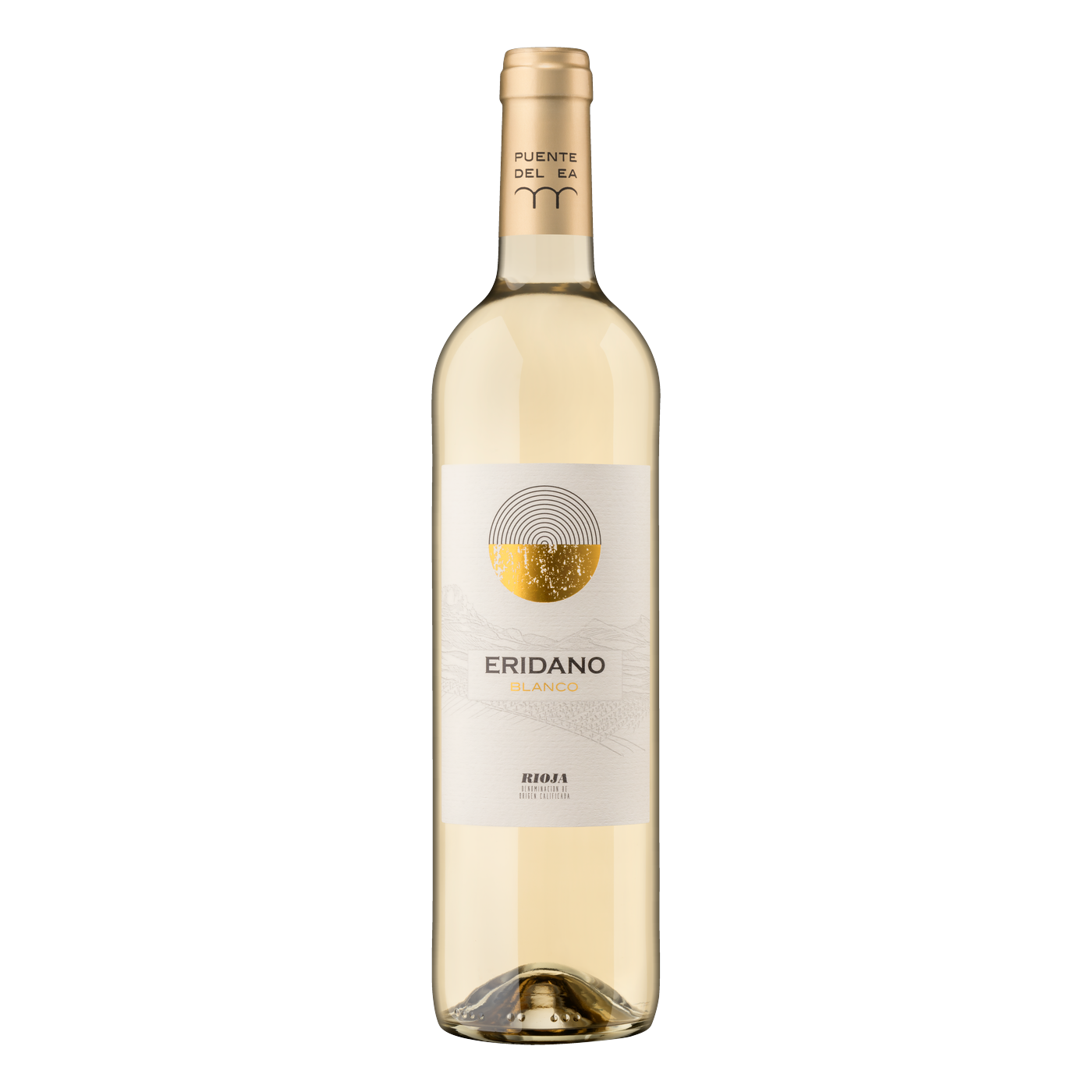 Puente del EA Eridano 2025 Weißwein-Flasche, Viura-Cuvée aus Rioja Alta auf Ton-Kalk 520 m, Birne und weiße Blüten | Puente del EA Eridano 2025 white wine bottle, Viura blend from Rioja Alta clay-limestone 520 m, pear and white flowers