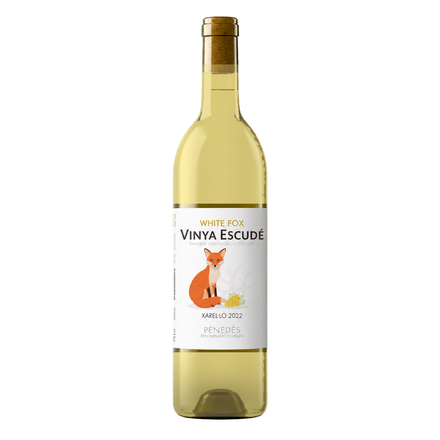 Vinya Escudé White Fox Xarel.lo 2023 Flasche, Bio-Weißwein aus Penedès auf Kalkstein, weiße Blüten und Aprikose | Vinya Escudé White Fox Xarel.lo 2023 bottle, organic white wine from Penedès limestone, white flowers and apricot