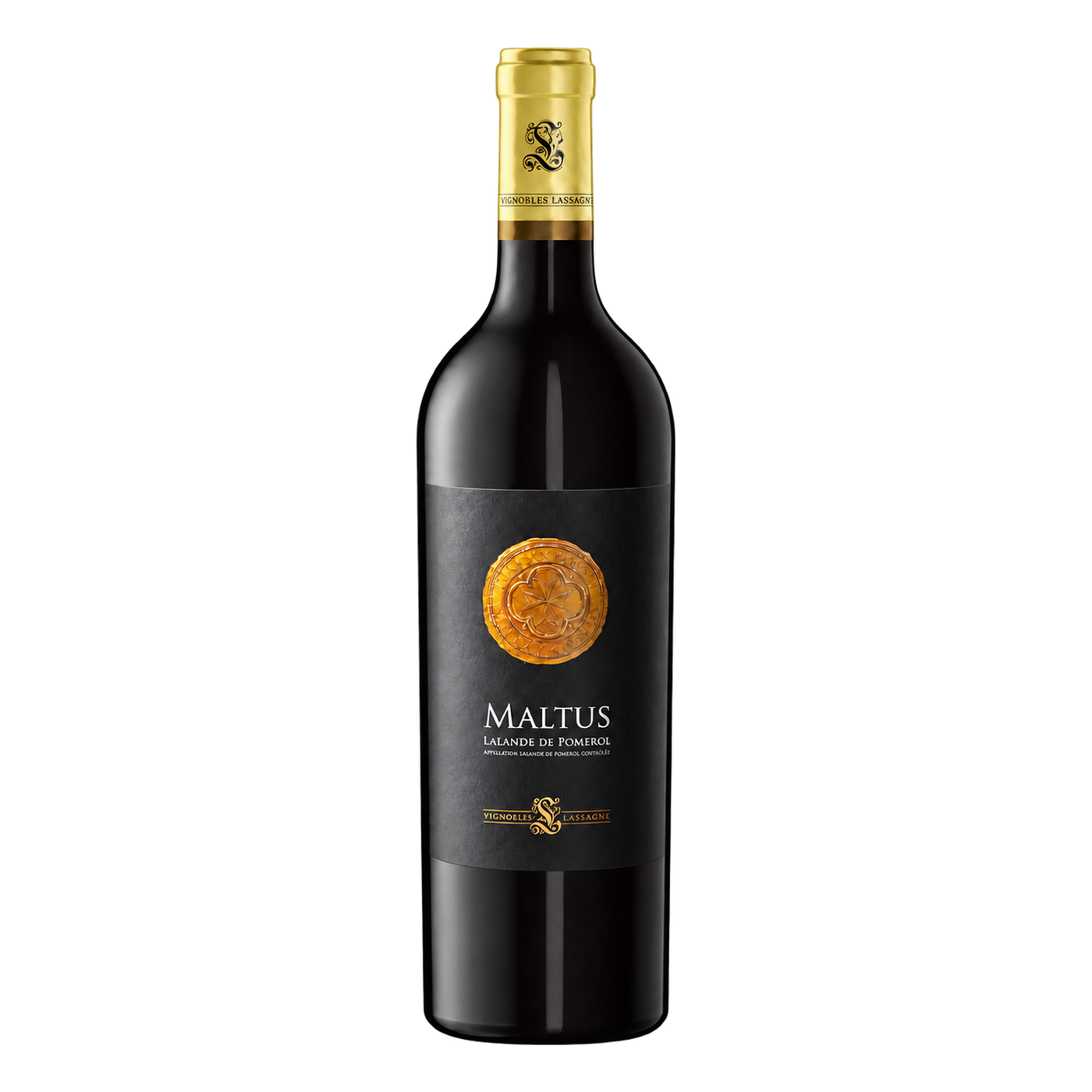 Merlot Barrel Aged · Lalande-de-Pomerol — catalog bottle with physically wrapped label perspective