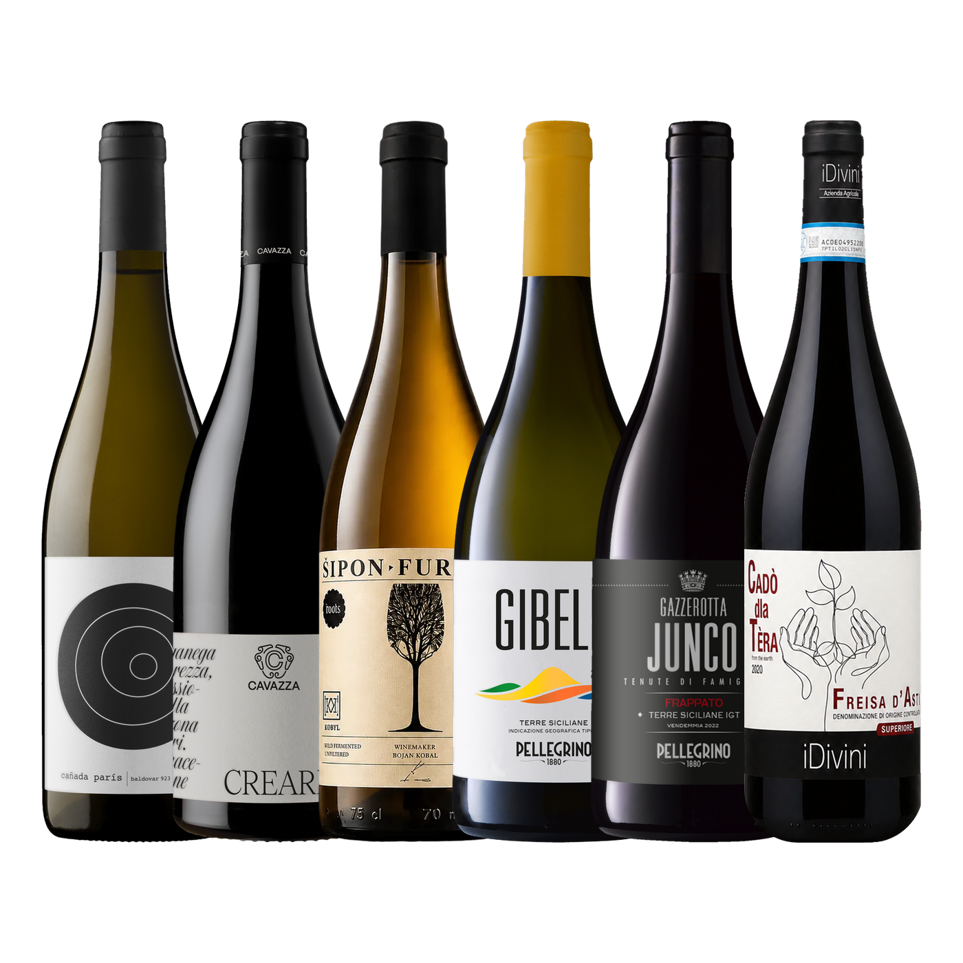 Six wine bottles in a row, including Creari, Šipon-Furmint, Gibele, Junco and Freisa.