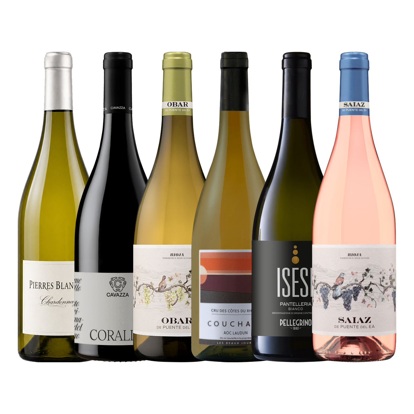 Six wine bottles in a row, including Pierres Blanches, Corallo, Ohara, Couchant, Isesi and Saiaz.