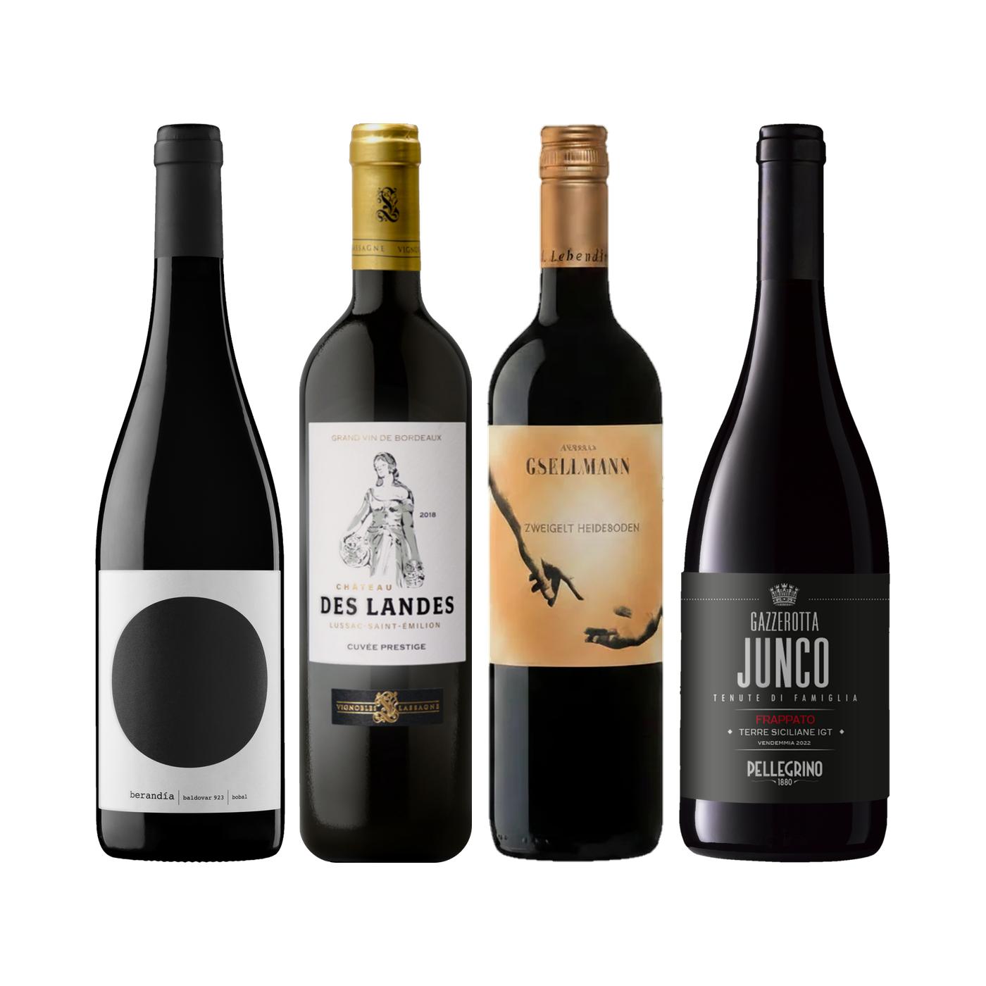 Four wine bottles in the Weinzeichen set A moment in red