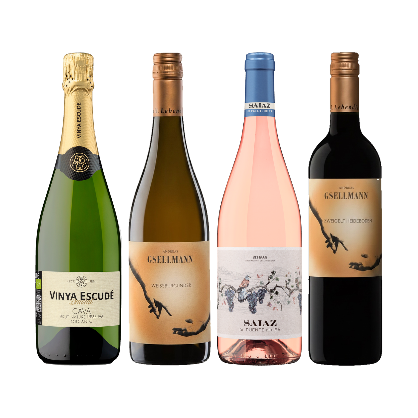 Four wine bottles in the Freundwein set Alles offen
