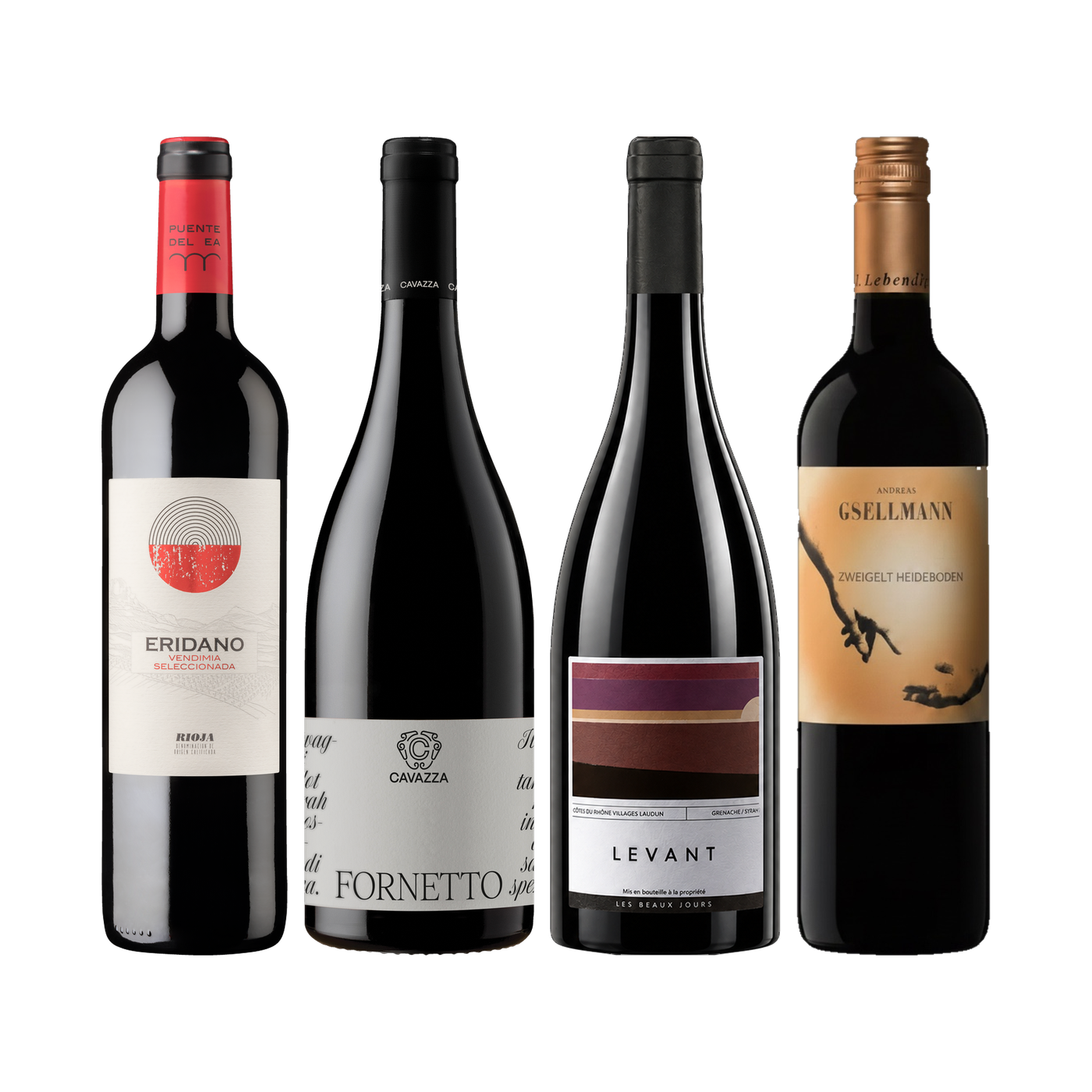 Four wine bottles in the Weinzeichen set The red table