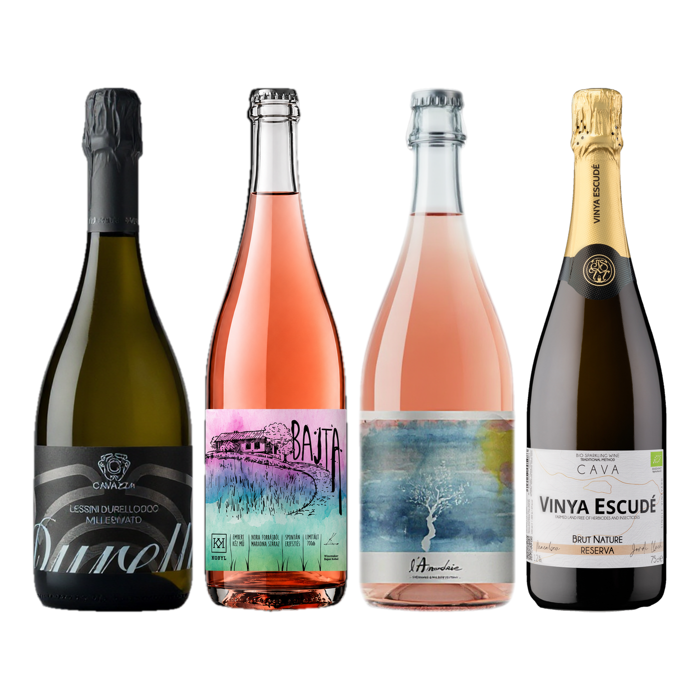 Four wine bottles in the Weinzeichen set Sparkling detours