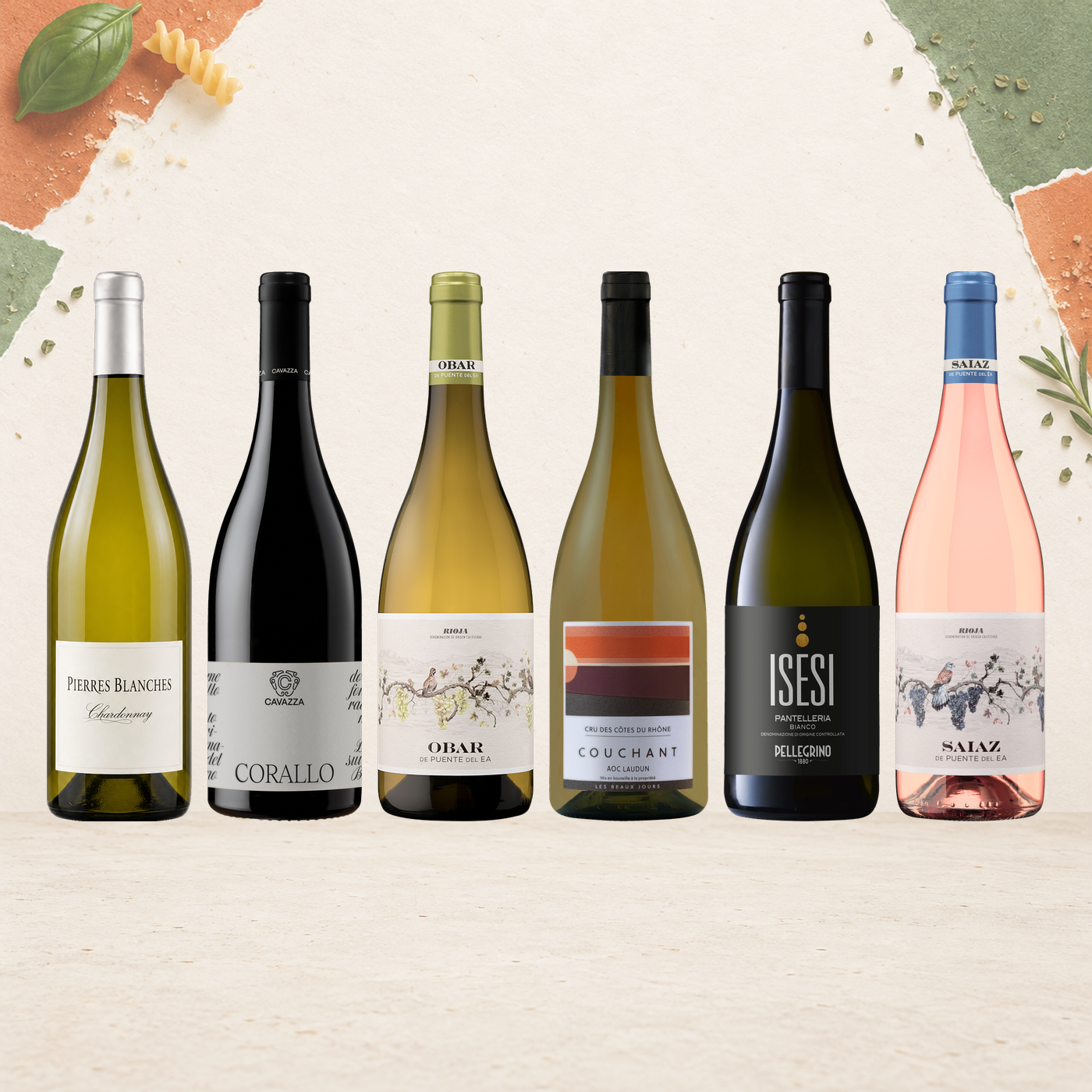 Six selected wine bottles against pale paper with green and tomato-red accents.
