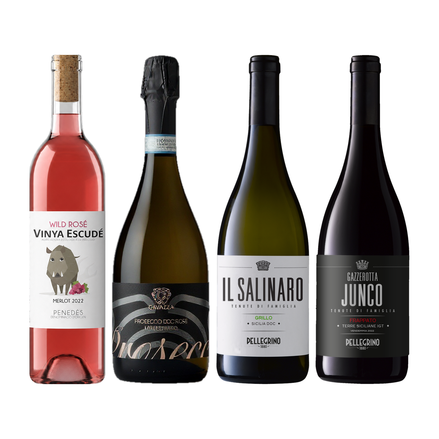 Four wine bottles in a row: Vinya Escudé rosé, Prosecco, Il Salinaro and Junco.