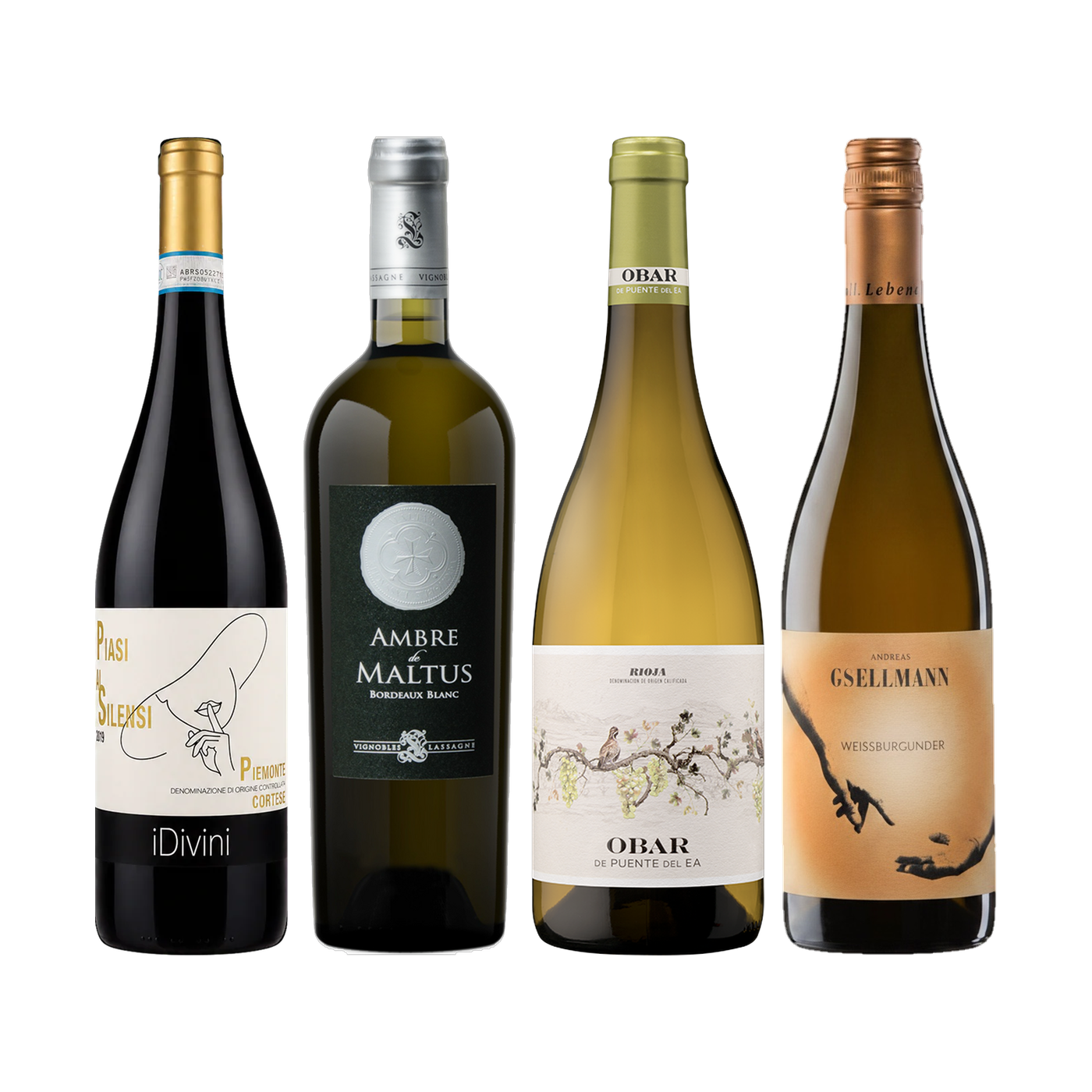 Four wine bottles in the Weinzeichen set A quiet white moment