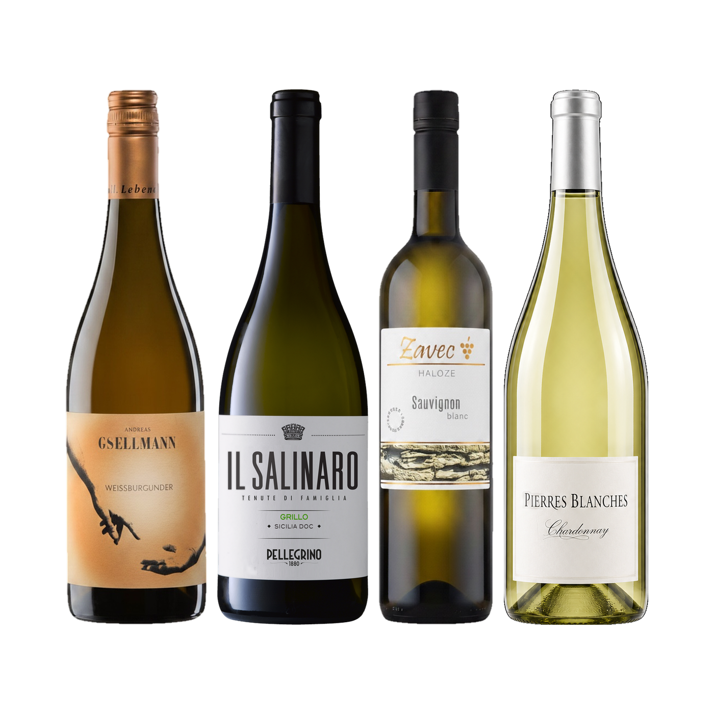 Four wine bottles in the Weinzeichen set The white table