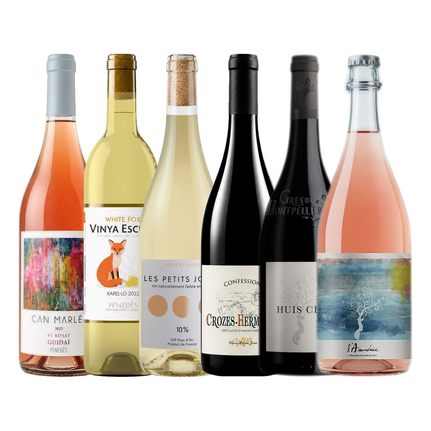 Six wine bottles in a row, including rosé, white and red wines from the WYNCH set.
