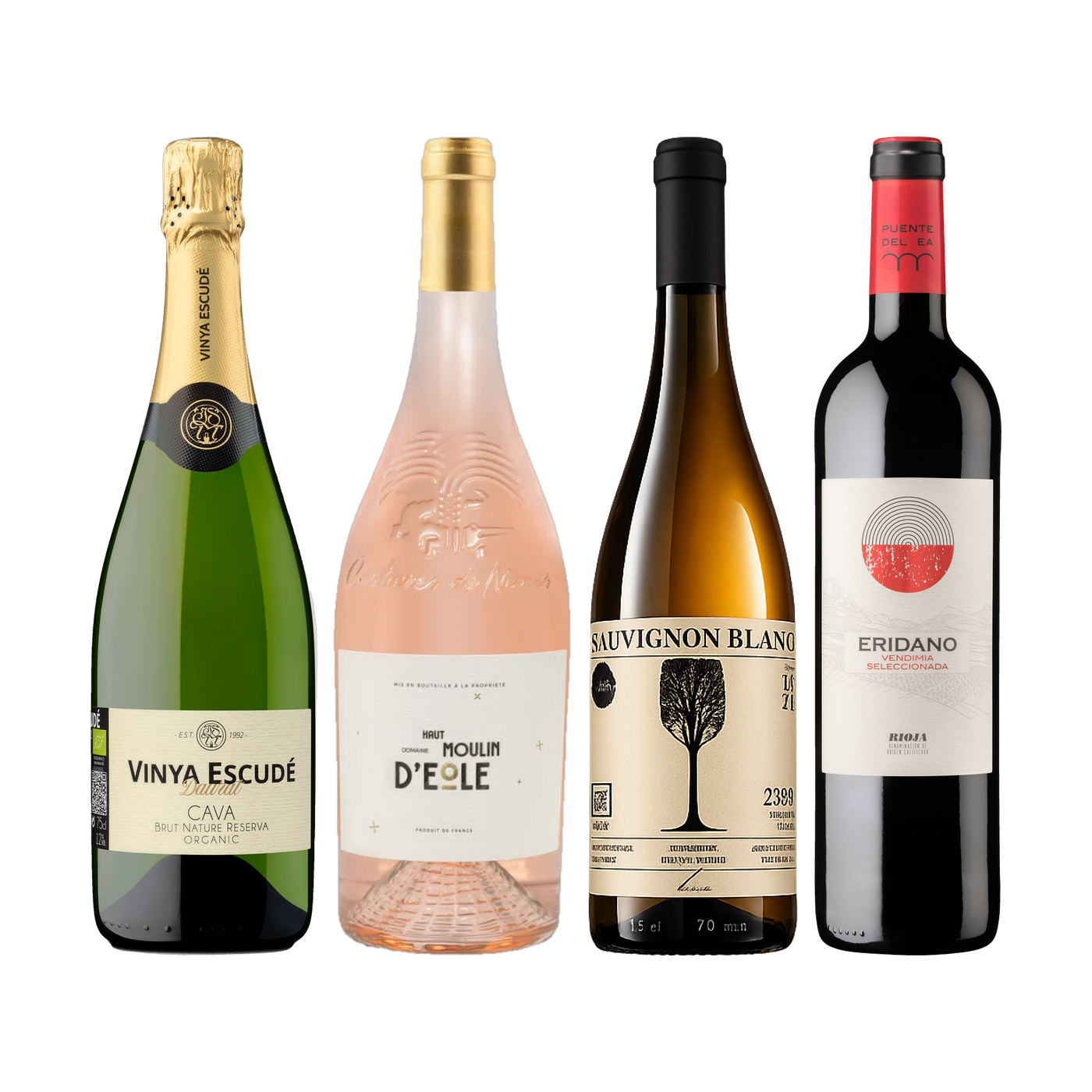 Four wine bottles in a row: Cava, Moulin d’Eole rosé, Sauvignon Blanc and Eridano.