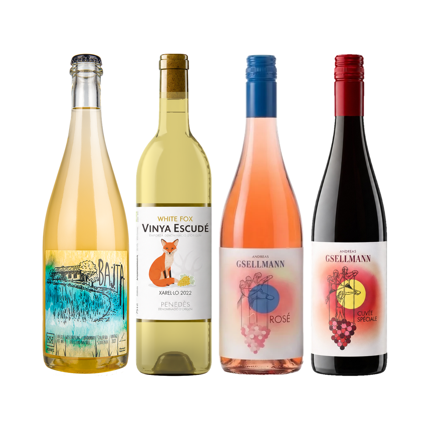 Four wine bottles in a row, including rosé, white wine and red wine from the WYNCH Balkonien set.