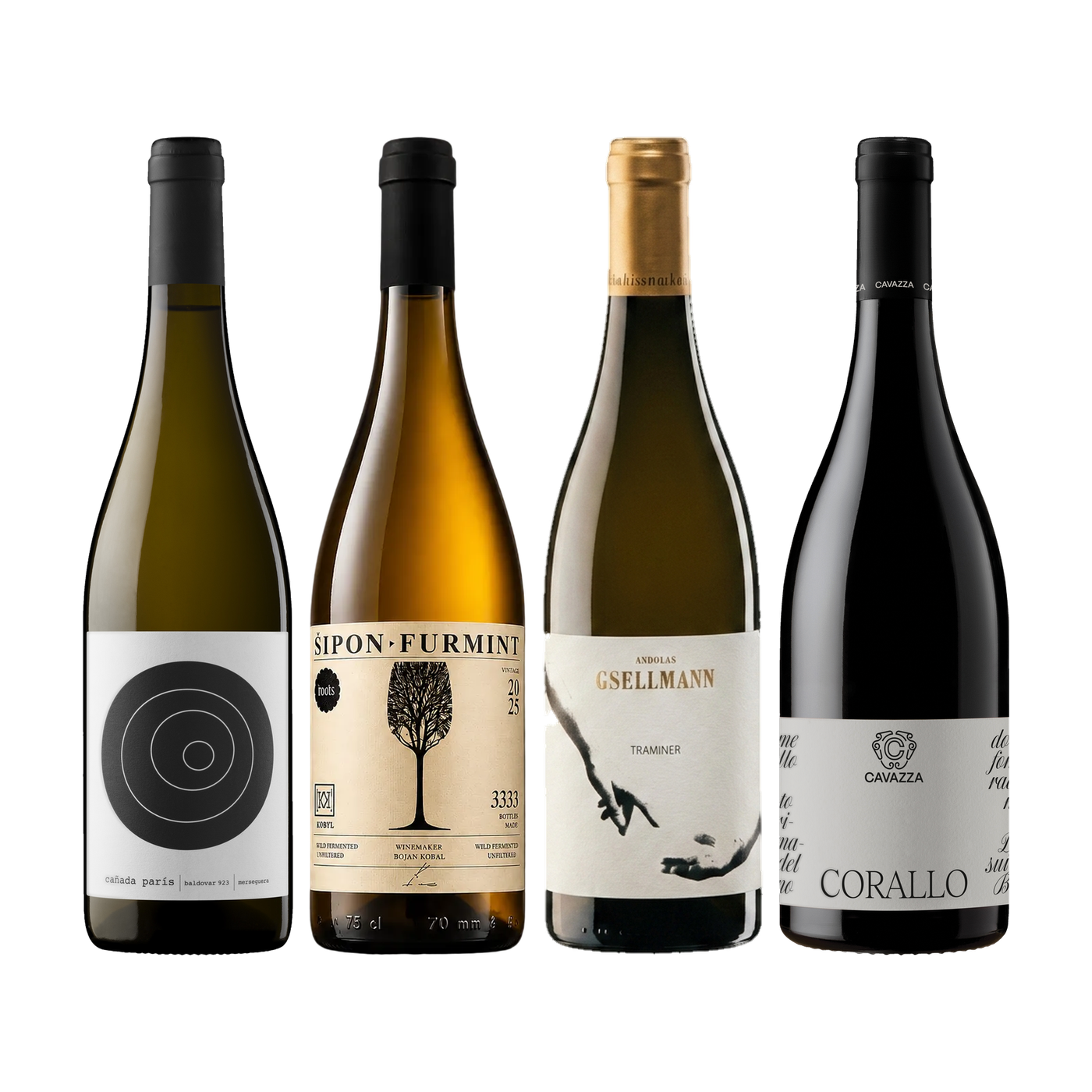 Four wine bottles in the Weinzeichen set Four new paths