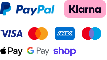 PayPal, Klarna, Visa, Mastercard, American Express, Maestro, Apple Pay, Google Pay and Shop Pay