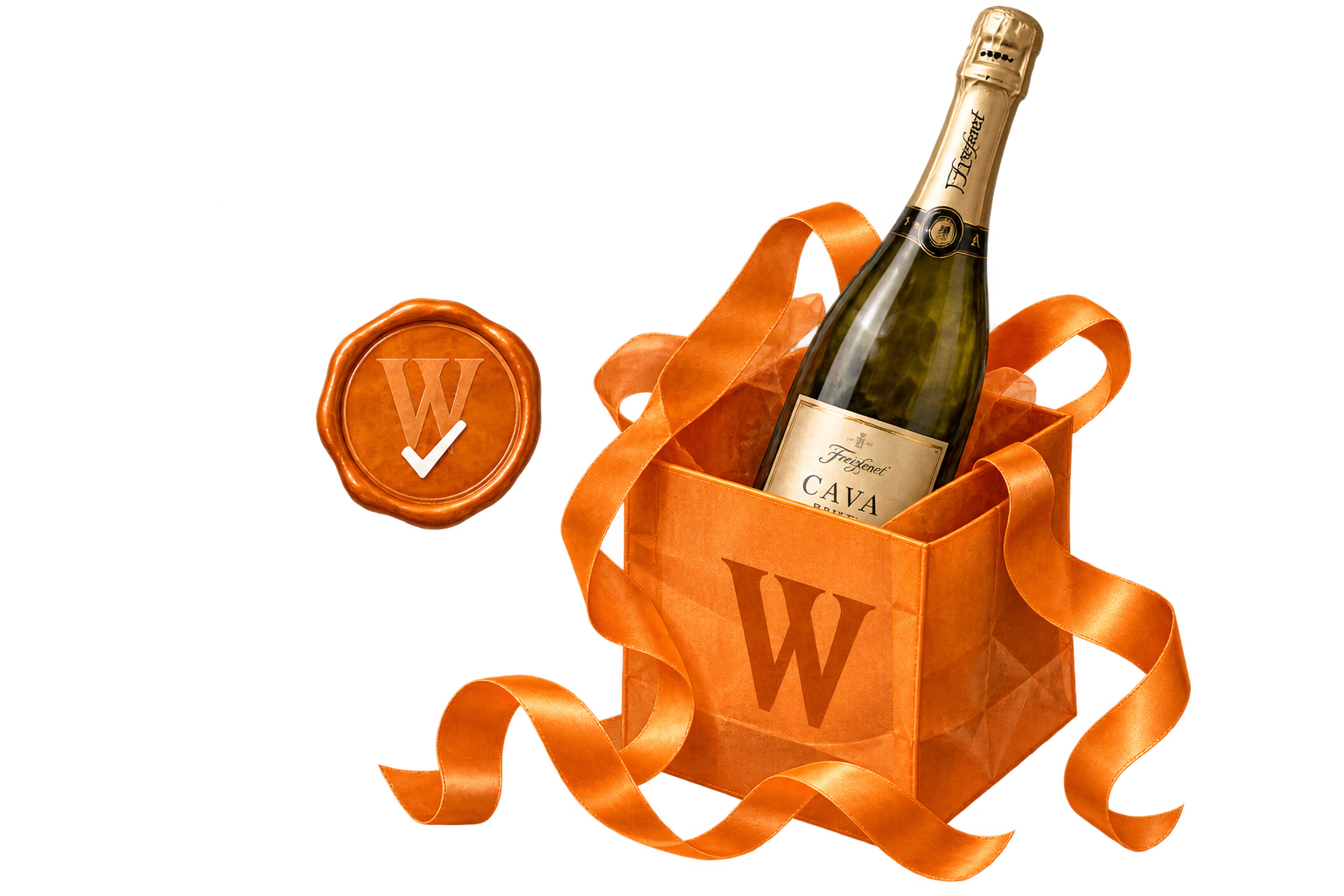 A bottle of Cava in an orange WYNCH gift bag