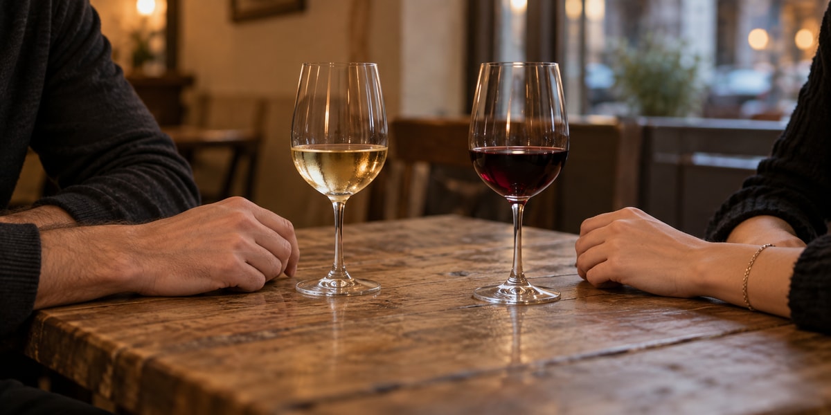 Zwei Menschen stoßen über einem Holztisch mit Wein an