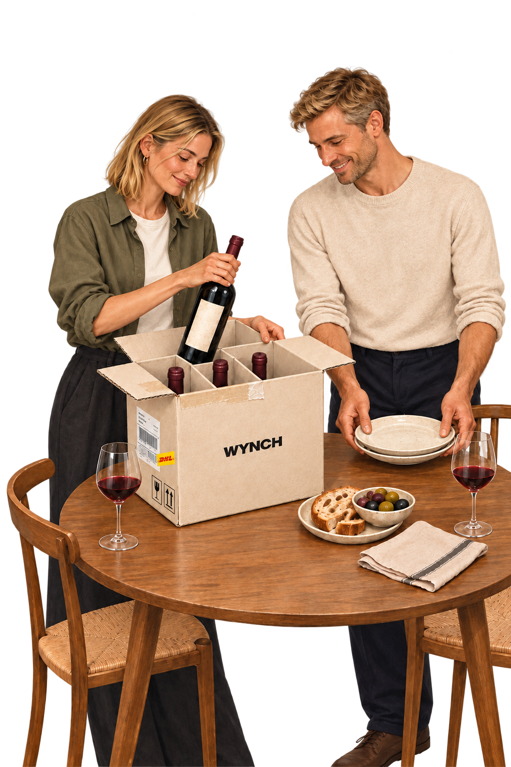 Ein Paar packt eine WYNCH-Weinbox aus und deckt den Tisch